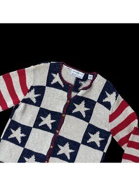 Vintage American Flag Cardigan Sweater Knitted By Hand M Patriotic Stars Stripes